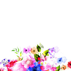 Fototapeta na wymiar Watercolor flowers decorated background.