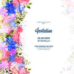Invitation Card with colorful flowers and green leaves.