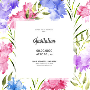 Pink And Purple Flowers Decorated Invitation Card.