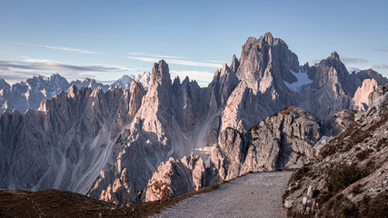 Mountains trail to Tre Cime di Lavaredo at sunrise, Dolomites