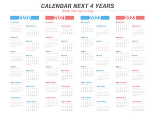 Simple calendar for 4 years 2020 2021 2022 2023. Week start on Sunday.