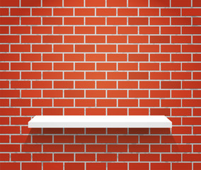 Red brick wall and white shelf.