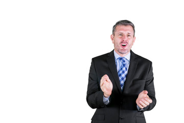 Caucasian businessman clapping hands on studio