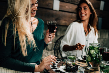 Drinking Red Wine. Young Women Toasting With Red Wine