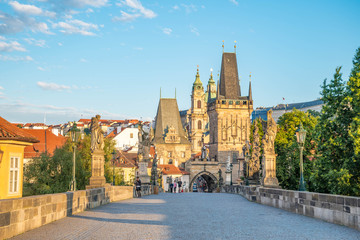 Fototapeta na wymiar View of Prague, Charles bridge, Vltava river, St. Vitus cathedral on a sunny day