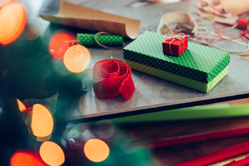 Christmas presets wrapped in red and green paper