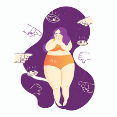 Sad young woman standing with many fingers pointing at her. Fat shaming, bullying concept. Flat cartoon colorful vector illustration. - 296896874