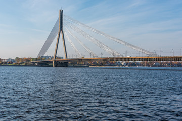 Fototapeta premium Soviet Era Suspension Bridge over a River in Riga Latvia