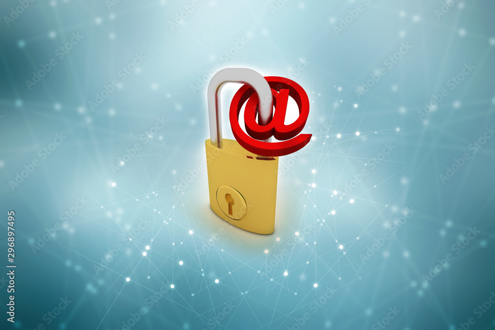 Poster 3d rendering e-mail symbol with lock. internet security concept