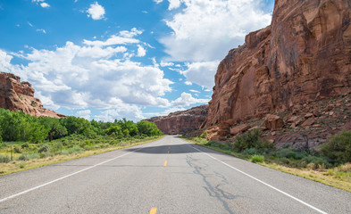 A panoramic road view ito Canyonlands National Park in Utah
