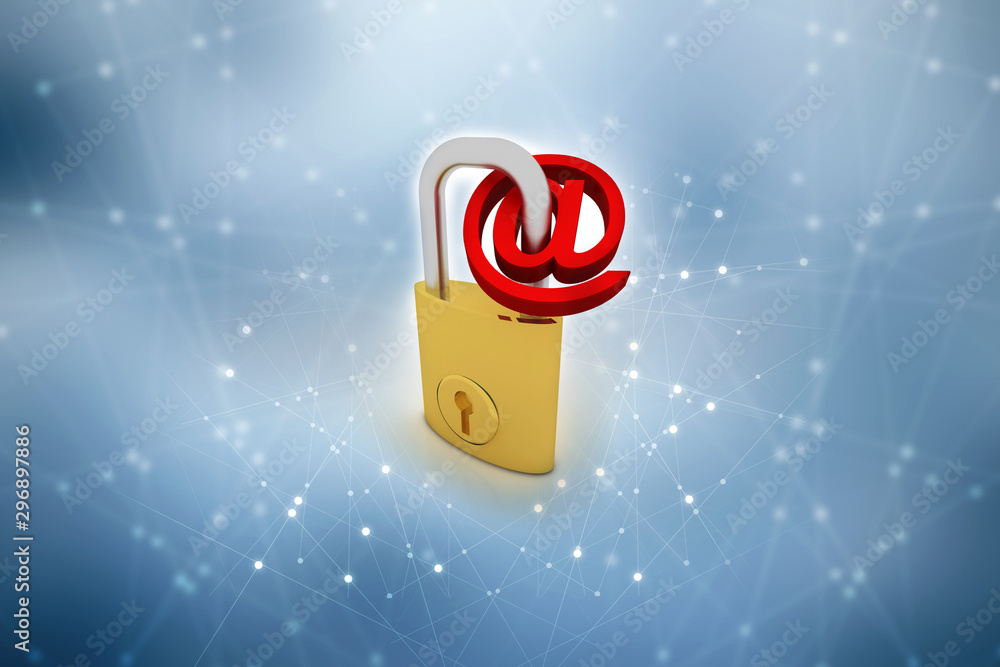 Poster 3d rendering e-mail symbol with lock. internet security concept