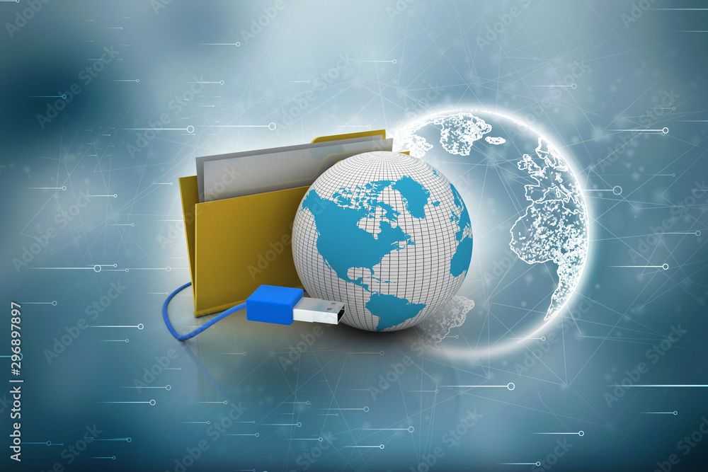 Aufkleber 3d rendering usb icon connected folder with globe