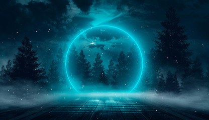 Abstract night landscape. Neon blue light, tree silhouettes, reflection in the water, moonlight light. Misty forest, dark, smoke, smog. Night view. © MiaStendal