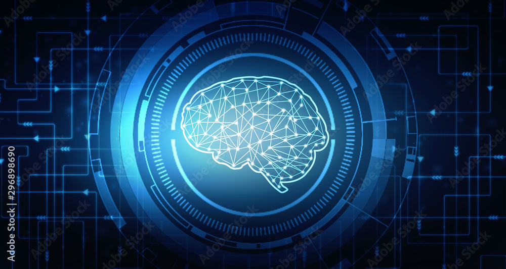 Poster 2d illustration concept of thinking, background with brain, abstract artificial intelligence. techno