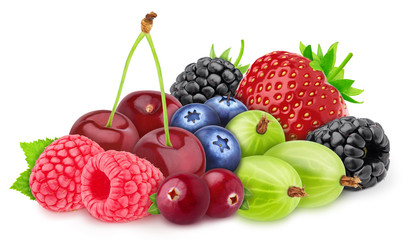 Multicolored composition with assortment of berries isolated on a white background with clipping path.