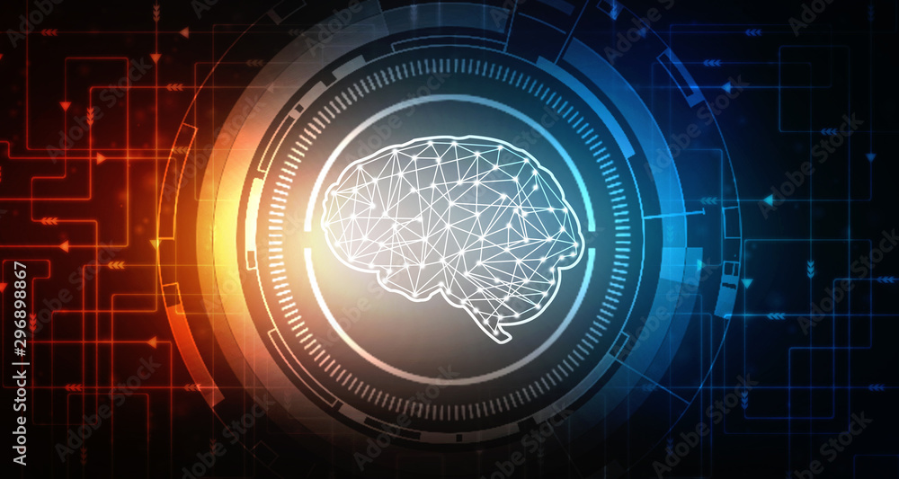 Poster 2d illustration concept of thinking, background with brain, abstract artificial intelligence. techno