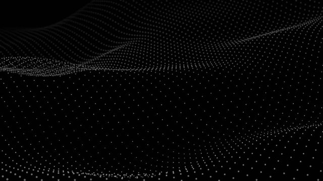 Futuristic grid wave of white halftone digital dots data smooth seamless animation on dark with dim light background. Flow particles landscape. For cyber technology, sound visualization, big data