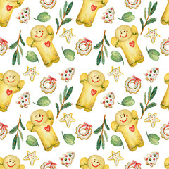 watercolor seamless pattern on a white background on the theme of christmas and new year, with a gingerbread man