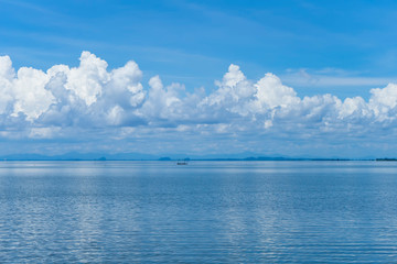 Blue sky background with white clouds on the lake.