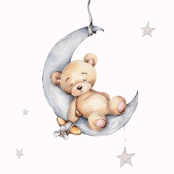 Cute sleeping teddy bear on the silver moon; watercolor hand draw illustration; with white isolated background