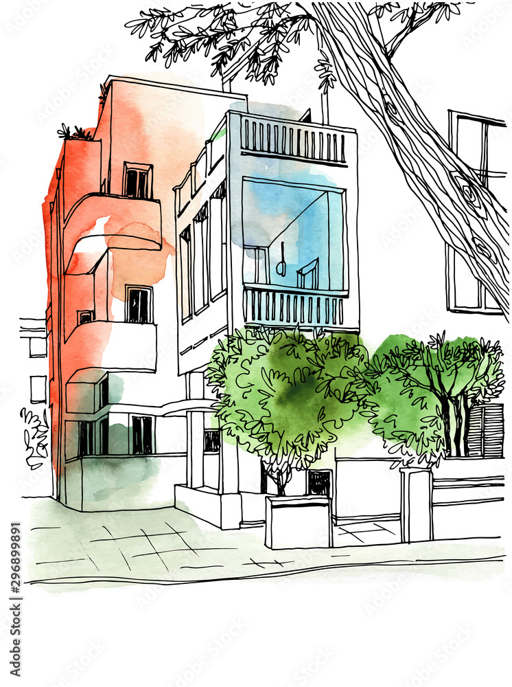 Wall mural old nice street of white city tel aviv, hand drawn sketch. vector illustration on background waterco