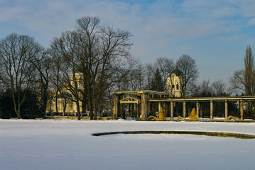 Fototapeta na wymiar View to St. Anne's Church from Wilanow Palace park, Warsaw. Poland