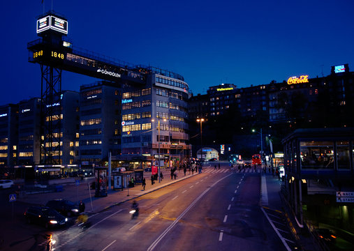 STOCKHOLM, SWEDEN - OCTOBER 5, 2011: Evening scene at "Slussen", which is a hub for subway, suburban trains and ferries in Stockholm.