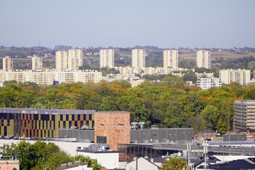 top view of the city, old town, new houses, churches and industrial factories and factories. Krakow from a bird's eye view. green city with lots of parks and squares