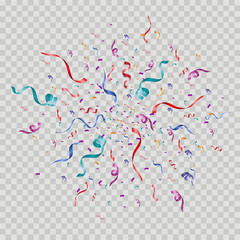 Lots of colorful tiny confetti and ribbons on transparent background. Festive event and party. Multicolor background.Colorful bright confetti isolated on transparent background