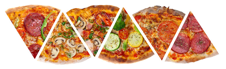 Six pieces of different pizzas isolated on a white background.