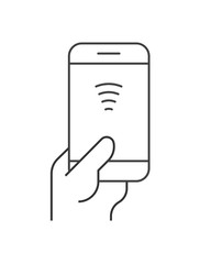Pay by smartphone linear icon on white background. Editable stroke