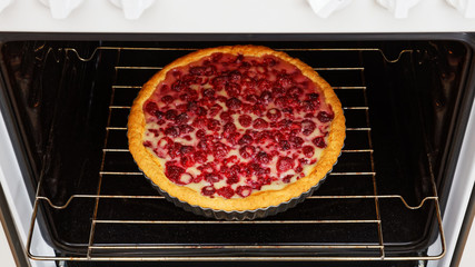 Homemade raspberry pie with yogurt filling cooked in the domestic oven. Shallow focus.
