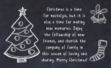 Drawing of christmas tree and handwritten greetings on black chalkboard  © iushakovsky