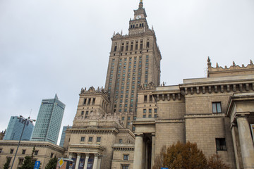 Obraz premium View of the Warsaw Palace of Culture and Science on an autumn cloudy day, the tallest building in Poland.
