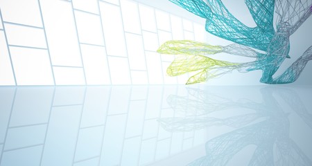 Abstract architectural white and glass gradient color wire smooth interior of a minimalist house with large windows. 3D illustration and rendering.