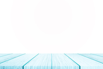 Empty blue wooden table top on white background. For product display or design.