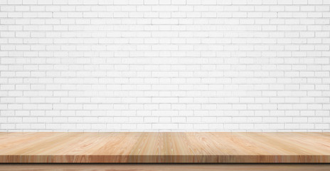 Empty wooden table top, counter or shelf on white brick wall background, For food display banner,...