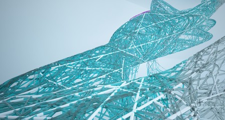 Abstract architectural white and glass gradient color wire smooth interior of a minimalist house with large windows. 3D illustration and rendering.