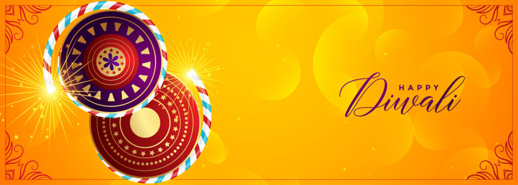 yellow cracker banner for happy diwali festival