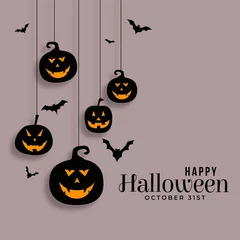 Muurstickers happy halloween hanging pumpkins and bats background © starlineart