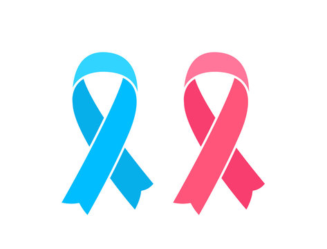 Pink and blue silk ribbons isolated on whiate. Breast and prostate cancer awareness symbols