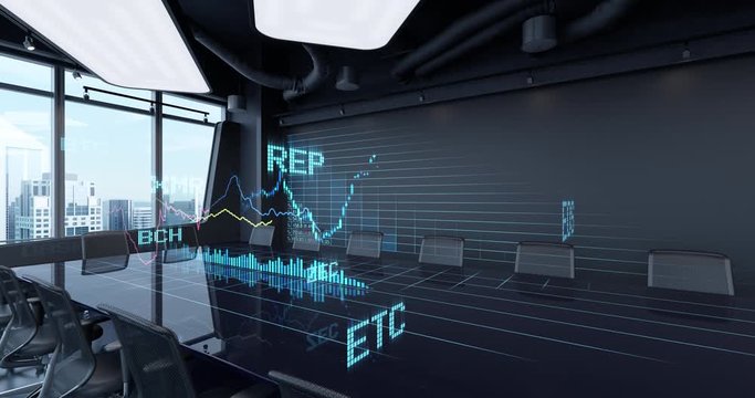 13 sec intro, 10 sec loop. Animated Charts Financial Stats on Table in Office Interior. Cryptocurrency Bitcoin Exchange trading Gambling concept 4K video.