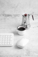 Coffee in cup and computer on rustic table with a blank space for a text, Espresso in cup on white background