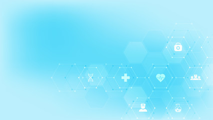 Abstract medical background with flat icons and symbols. Template design with concept and idea for healthcare technology, innovation medicine, health, science and research.
