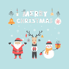 Christmas card with Santa Claus, deer, snowman and lettering