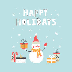 Happy holidays card with hand drawn cute snowmen