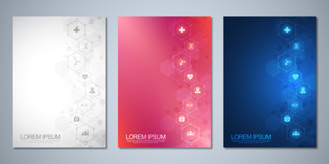 Template brochure or cover book, page layout, flyer design. Concept and idea for health care business, innovation medicine, pharmacy, technology. Medical background with flat icons and symbols.
