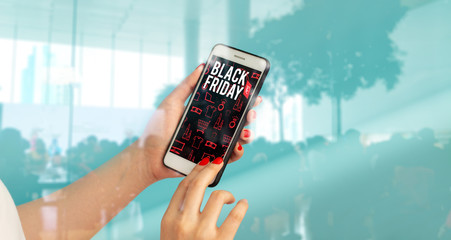 girl hand holding network online smartphone device application for buy product in black friday shopping discount sale season event weekend in supermarket store concept