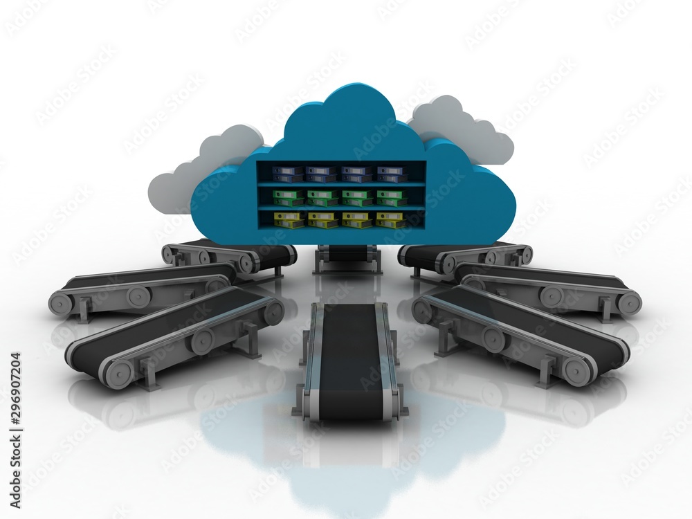 Poster 3d rendering technology conveyor belt with cloud folder storage