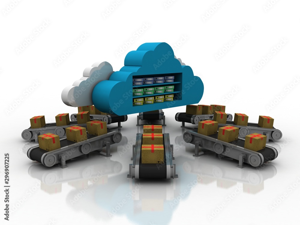 Poster 3d rendering cardboard boxes in conveyor belt with cloud folder storage